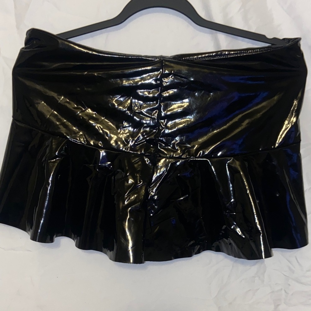 Glossy Zip Up Mini Skirt W/ Built-in Shorts- Black